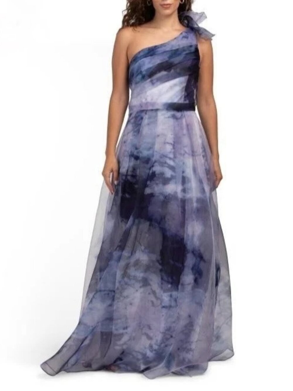 Rene Ruiz Collection Cobalt Blue Multi One Shoulder Organza Gown